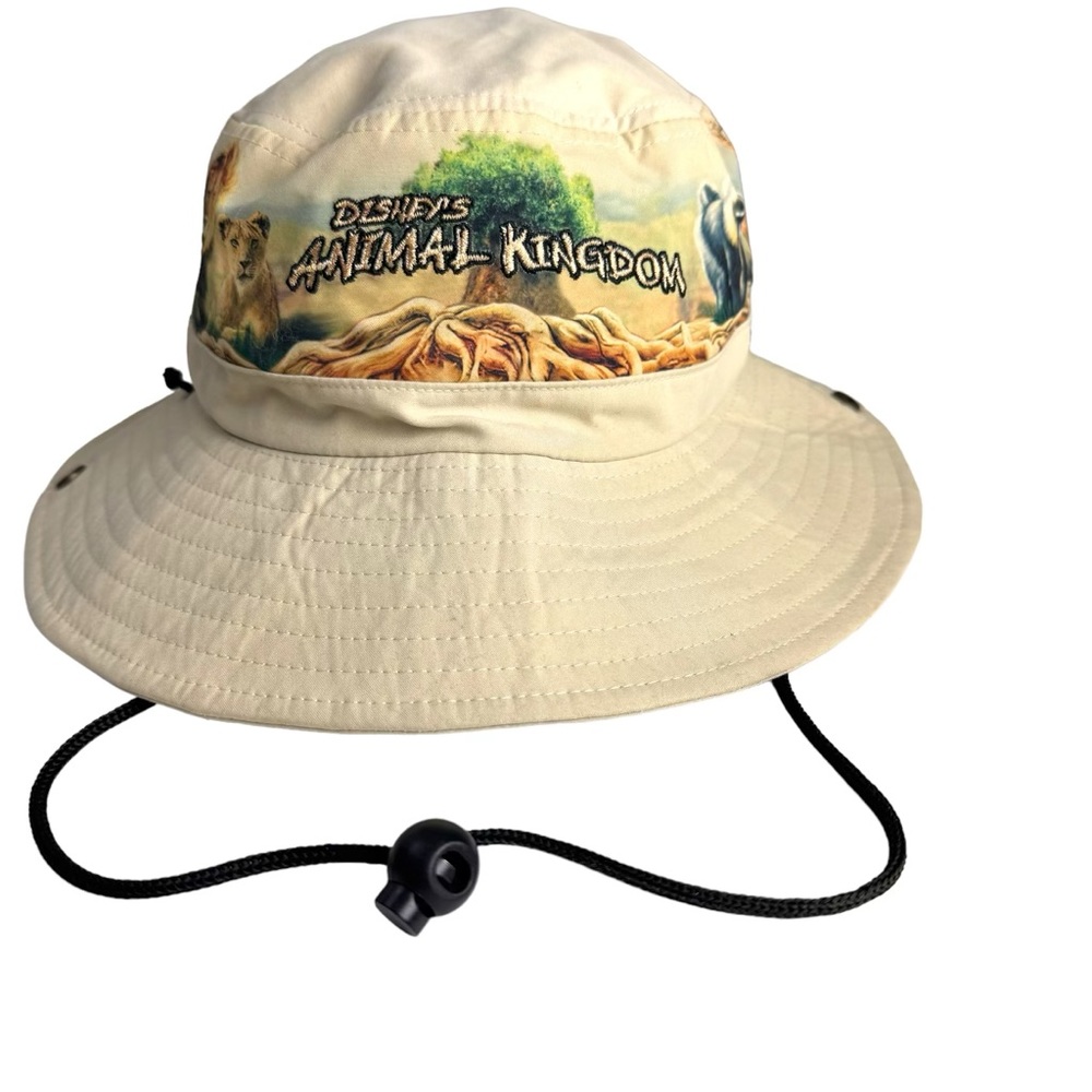 Disney Animal Kingdom Men’s Bucket Hat Cream Monkey Lion  Tiger Drawstring
